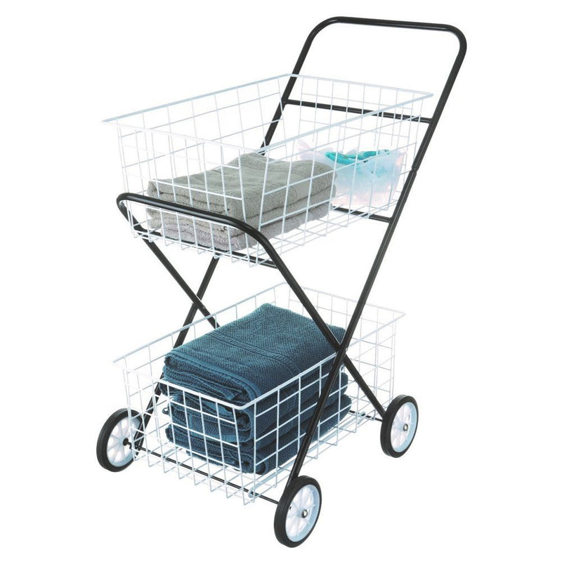 2 Tier Laundry Basket Trolley Black & White
