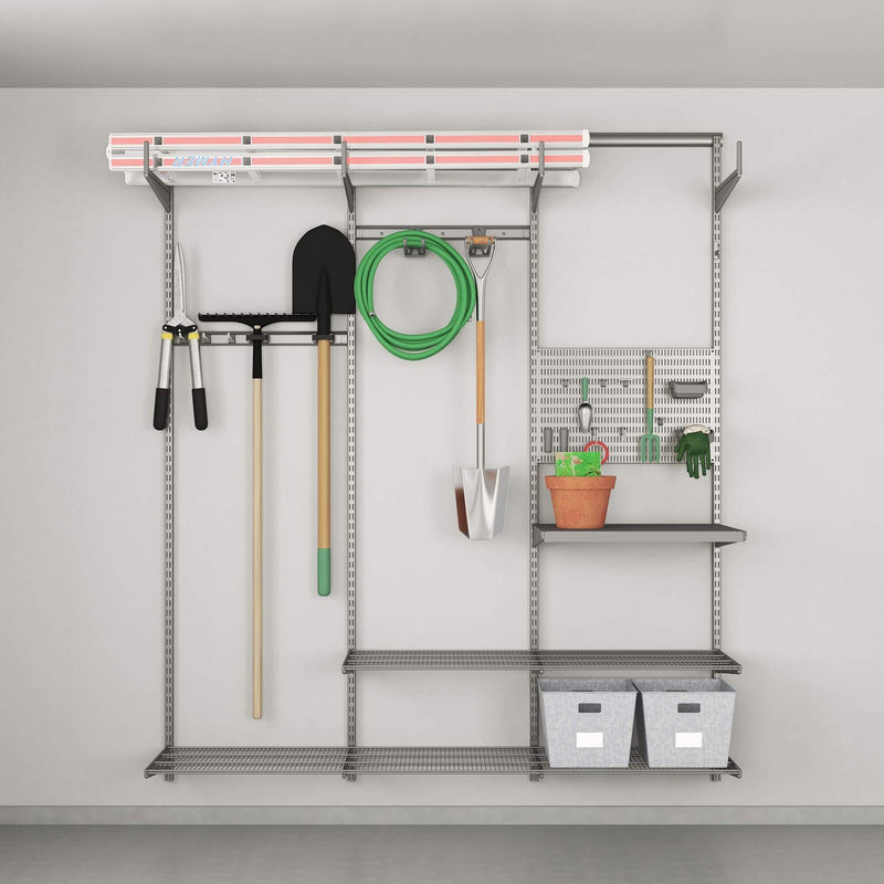 Elfa garage shelving solution holding tools and sporting equipment