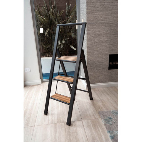 Alu Design 3 Step Aluminium Step Ladder Black & Bamboo