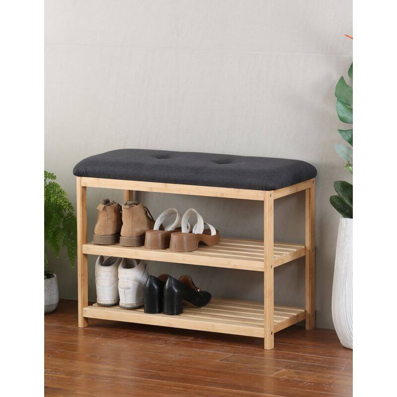 Bamboo Shoe Rack with Charcoal Seat - WARDROBE - Shoe Storage - Soko and Co