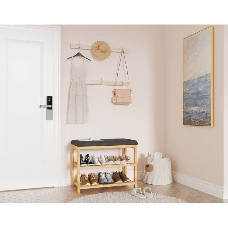 Bamboo Shoe Rack with Charcoal Seat - WARDROBE - Shoe Storage - Soko and Co