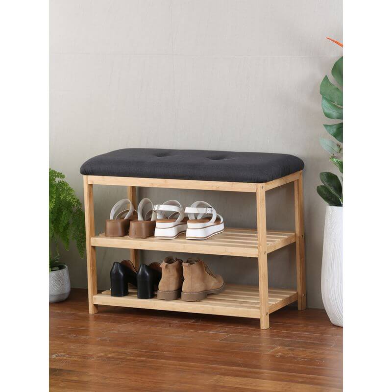 Bamboo Shoe Rack with Charcoal Seat - WARDROBE - Shoe Storage - Soko and Co