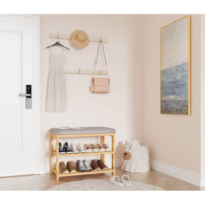 Bamboo Shoe Rack with Grey Seat - WARDROBE - Shoe Storage - Soko and Co