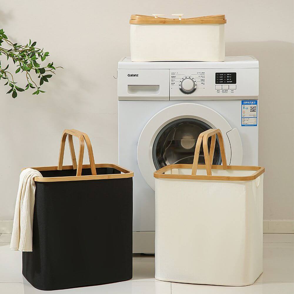 Fabric Laundry Basket with Bamboo Handles Large Cream - HOME STORAGE - Baskets and Totes - Soko and Co