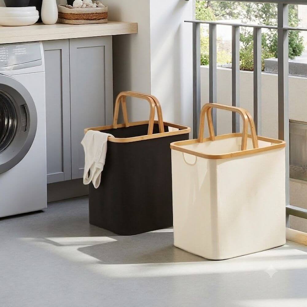 Fabric Laundry Basket with Bamboo Handles Large Cream - HOME STORAGE - Baskets and Totes - Soko and Co