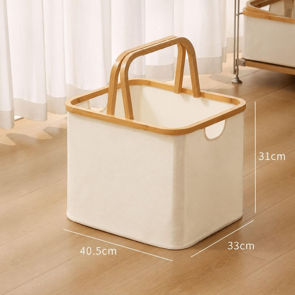 Fabric Laundry Basket with Bamboo Handles Medium Cream - HOME STORAGE - Baskets and Totes - Soko and Co