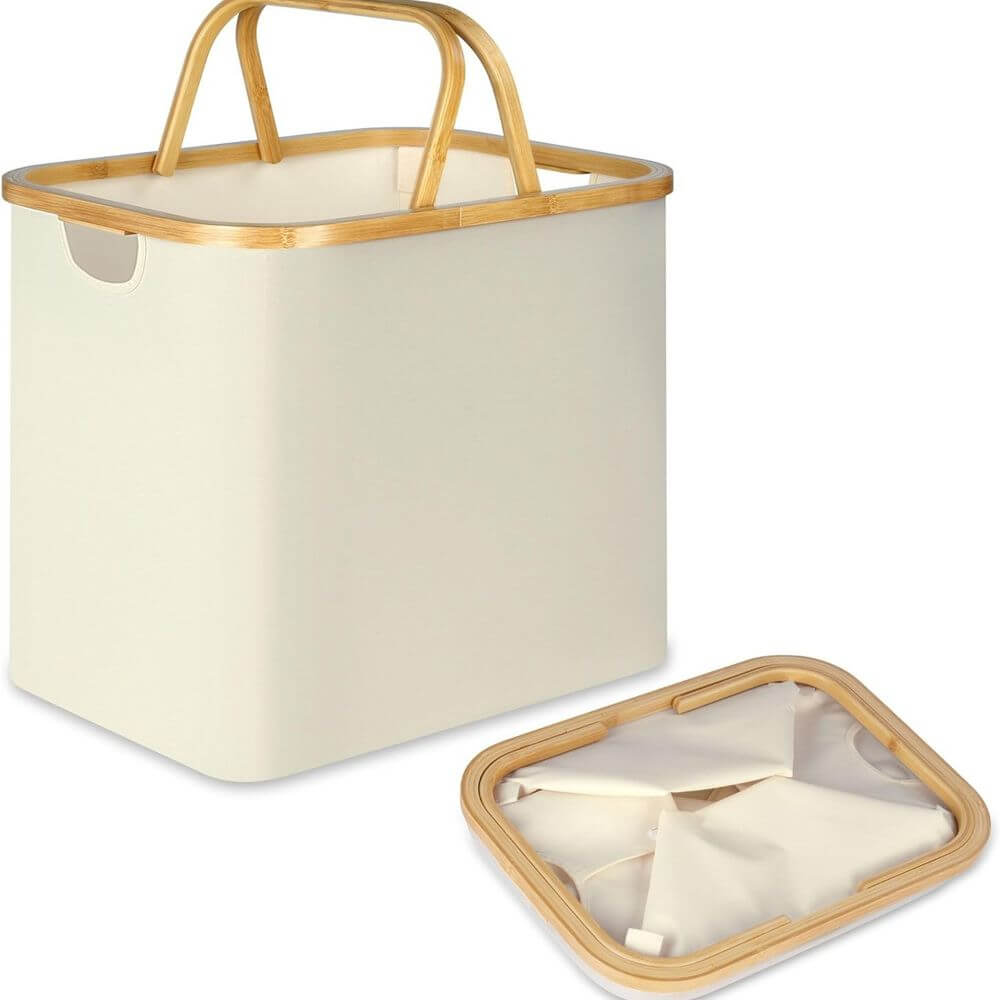 Fabric Laundry Basket with Bamboo Handles Medium Cream - HOME STORAGE - Baskets and Totes - Soko and Co