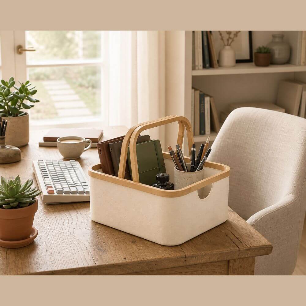 Fabric Laundry Basket with Bamboo Handles Small Cream - HOME STORAGE - Baskets and Totes - Soko and Co