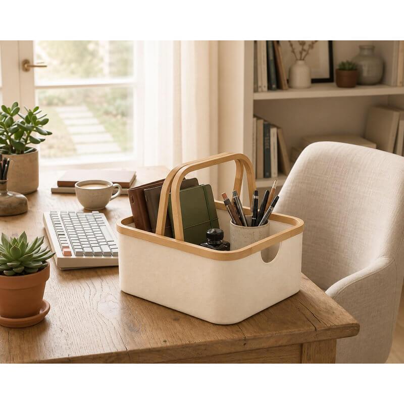 Fabric Laundry Basket with Bamboo Handles Small Cream - HOME STORAGE - Baskets and Totes - Soko and Co