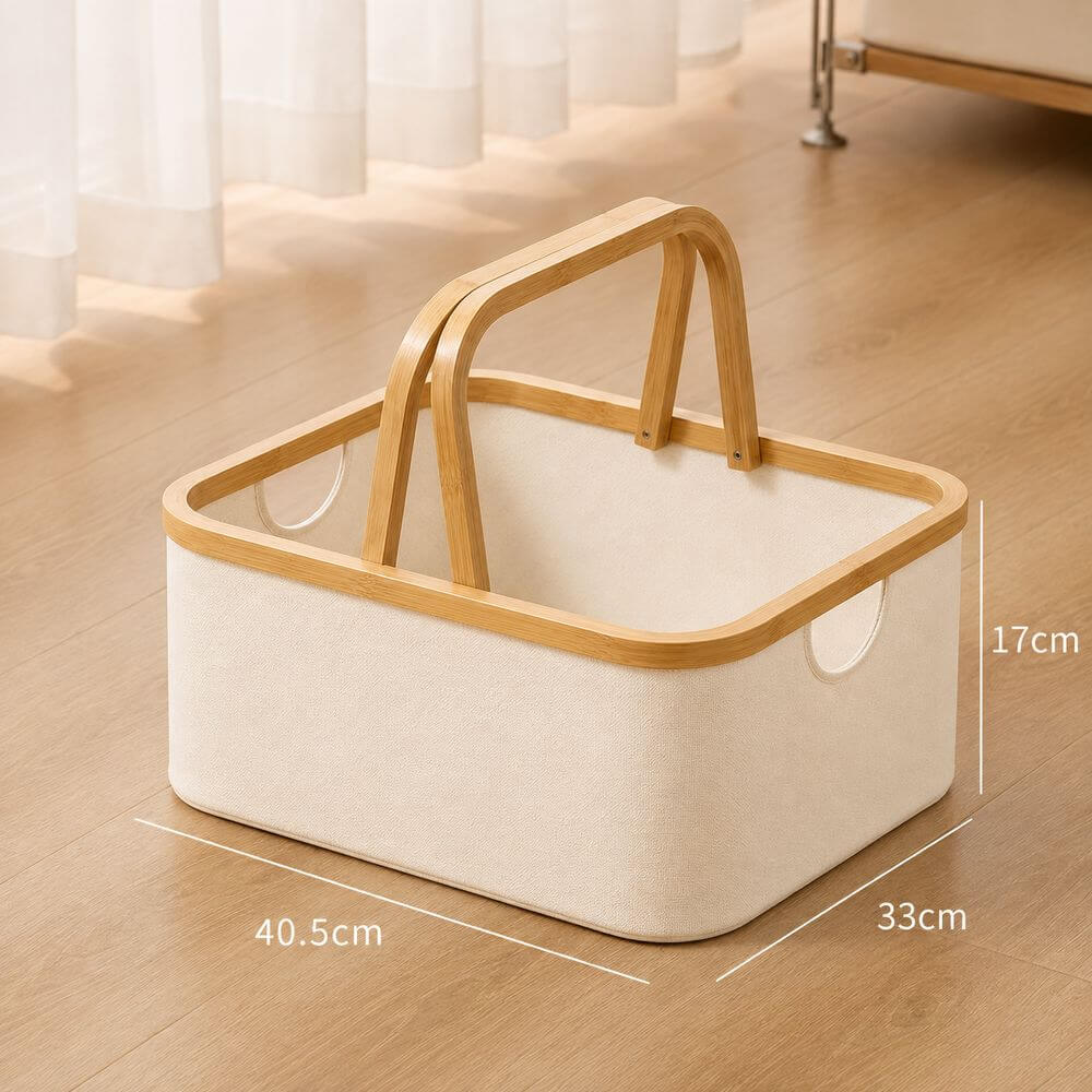 Fabric Laundry Basket with Bamboo Handles Small Cream - HOME STORAGE - Baskets and Totes - Soko and Co