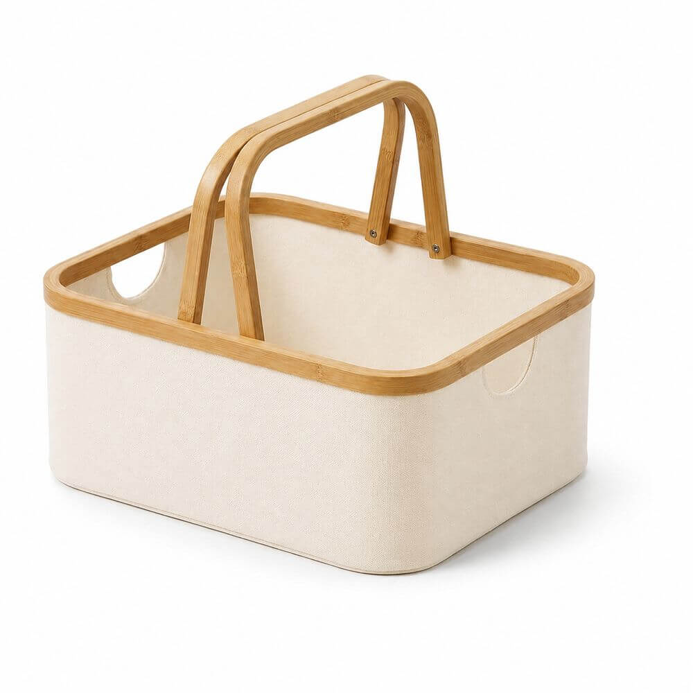 Fabric Laundry Basket with Bamboo Handles Small Cream - HOME STORAGE - Baskets and Totes - Soko and Co