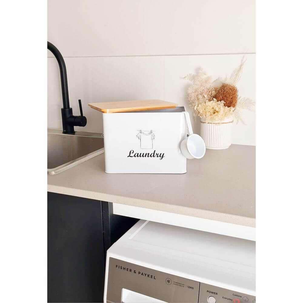 Laundry Powder Tin With Bamboo Lid White - LAUNDRY - Accessories - Soko and Co
