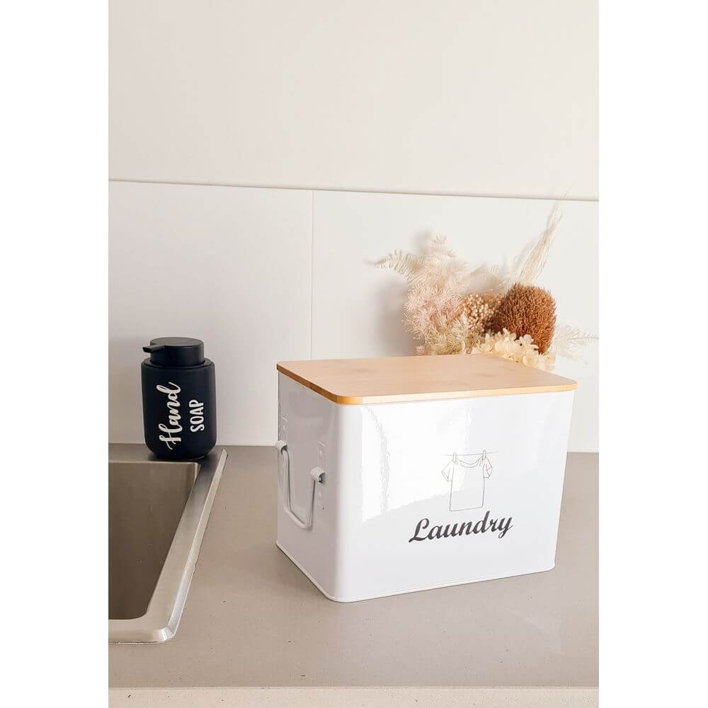 Laundry Powder Tin With Bamboo Lid White - LAUNDRY - Accessories - Soko and Co