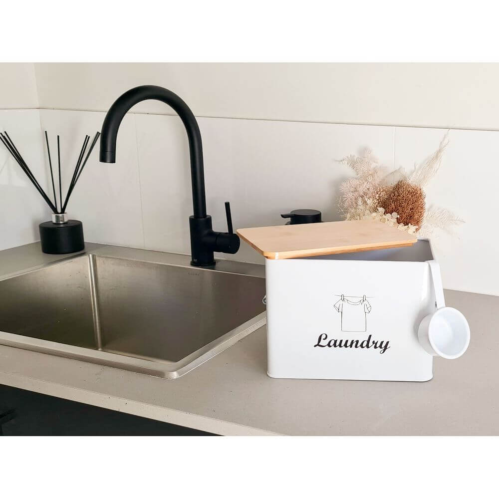 Laundry Powder Tin With Bamboo Lid White - LAUNDRY - Accessories - Soko and Co