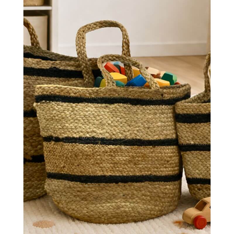 Ovela Striped Jute Basket & Tote Large - HOME STORAGE - Baskets and Totes - Soko and Co