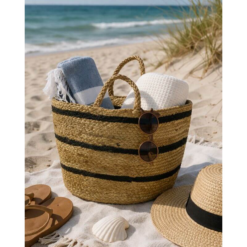 Ovela Striped Jute Basket & Tote Medium - HOME STORAGE - Baskets and Totes - Soko and Co
