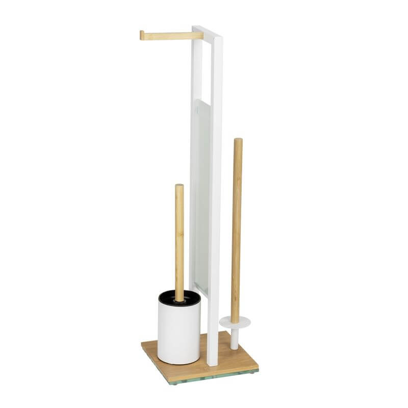 Rivalta Freestanding Toilet Brush & Roll Holder White & Bamboo - BATHROOM - Toilet Brushes - Soko and Co