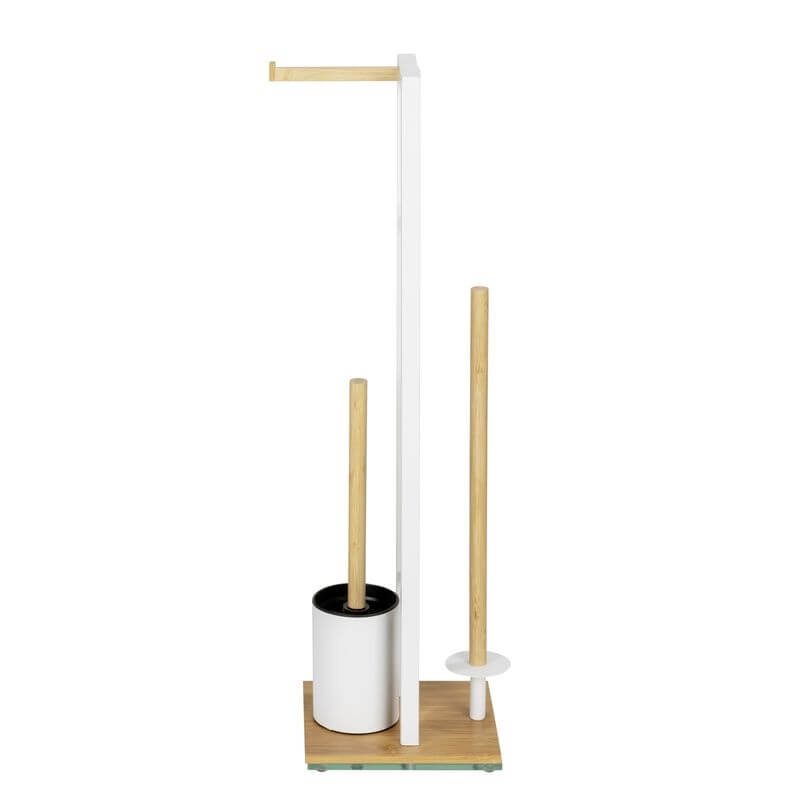 Rivalta Freestanding Toilet Brush & Roll Holder White & Bamboo - BATHROOM - Toilet Brushes - Soko and Co