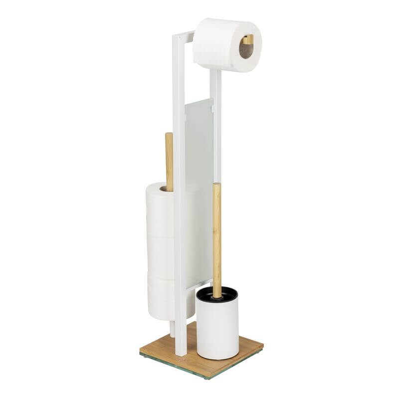 Rivalta Freestanding Toilet Brush & Roll Holder White & Bamboo - BATHROOM - Toilet Brushes - Soko and Co