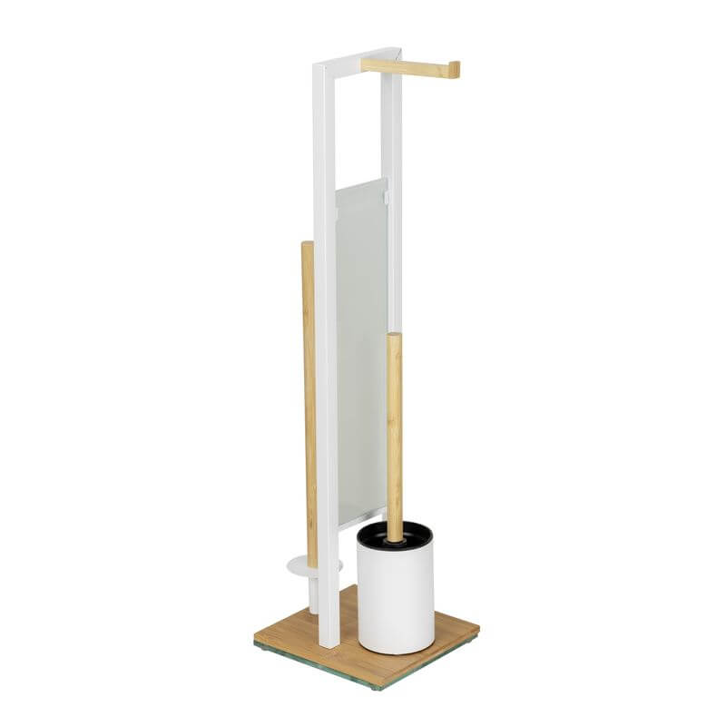 Rivalta Freestanding Toilet Brush &amp; Roll Holder White &amp; Bamboo - BATHROOM - Toilet Brushes - Soko and Co