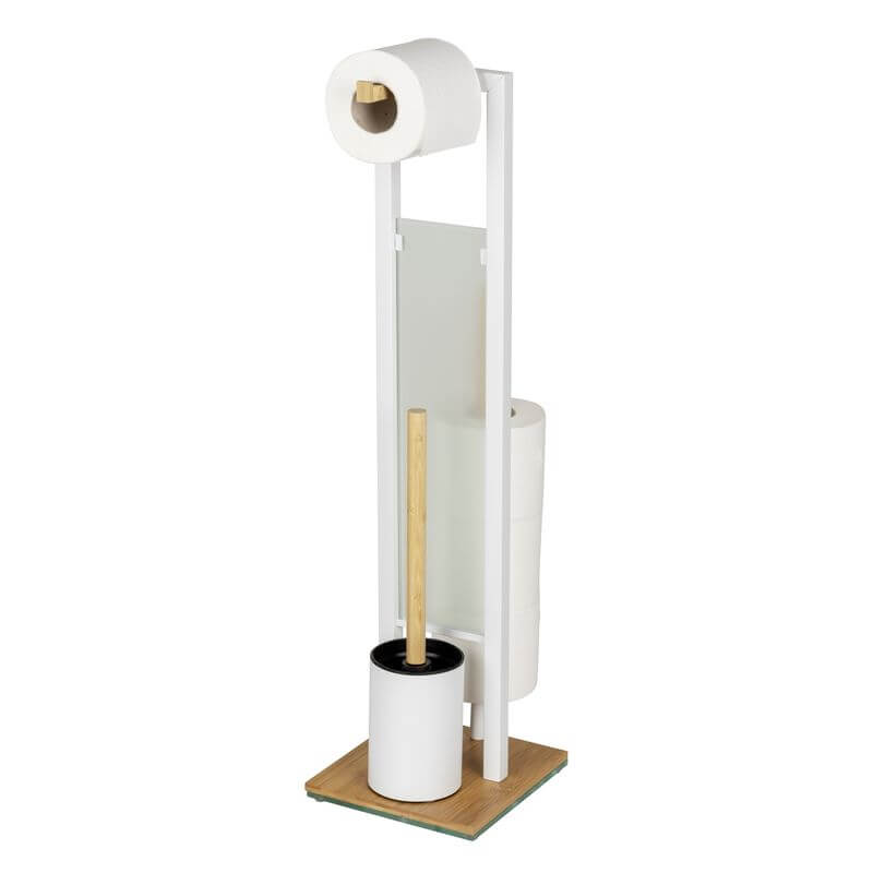 Rivalta Freestanding Toilet Brush &amp; Roll Holder White &amp; Bamboo - BATHROOM - Toilet Brushes - Soko and Co