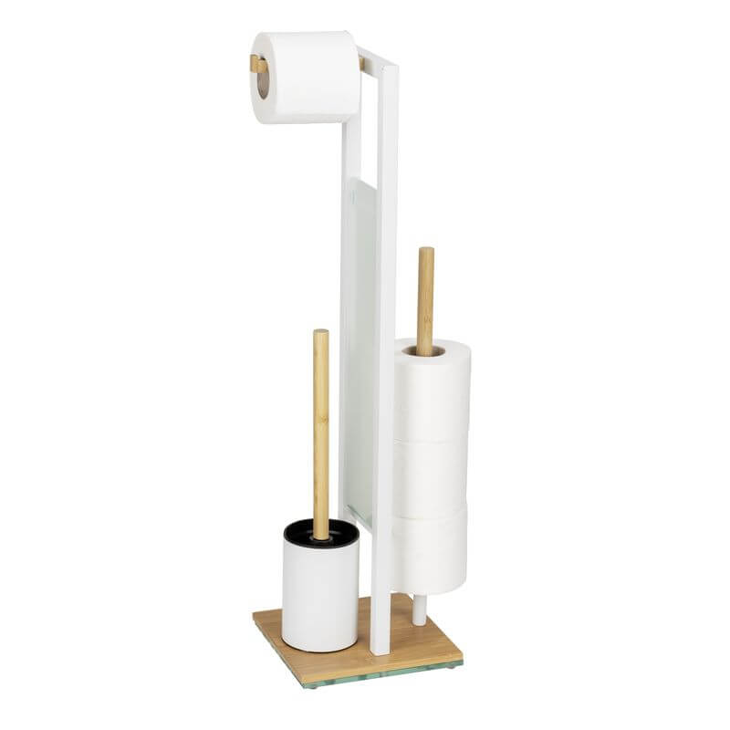 Rivalta Freestanding Toilet Brush & Roll Holder White & Bamboo - BATHROOM - Toilet Brushes - Soko and Co