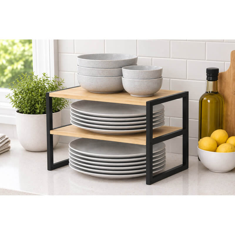 2 Tier Bamboo &amp; Black Shelf