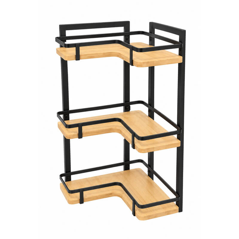 3 Tier Corner Bamboo &amp; Black Shelf - KITCHEN - Shelves and Racks - Soko and Co
