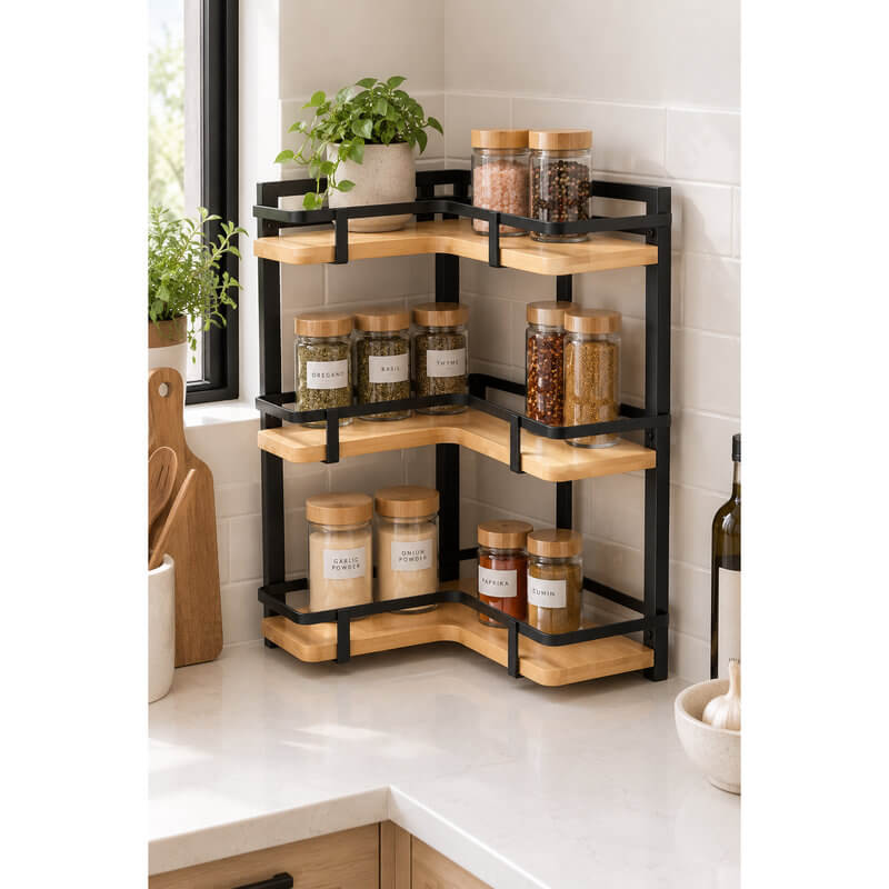 3 Tier Corner Bamboo &amp; Black Shelf - KITCHEN - Shelves and Racks - Soko and Co