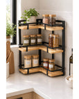 3 Tier Corner Bamboo & Black Shelf - KITCHEN - Shelves and Racks - Soko and Co