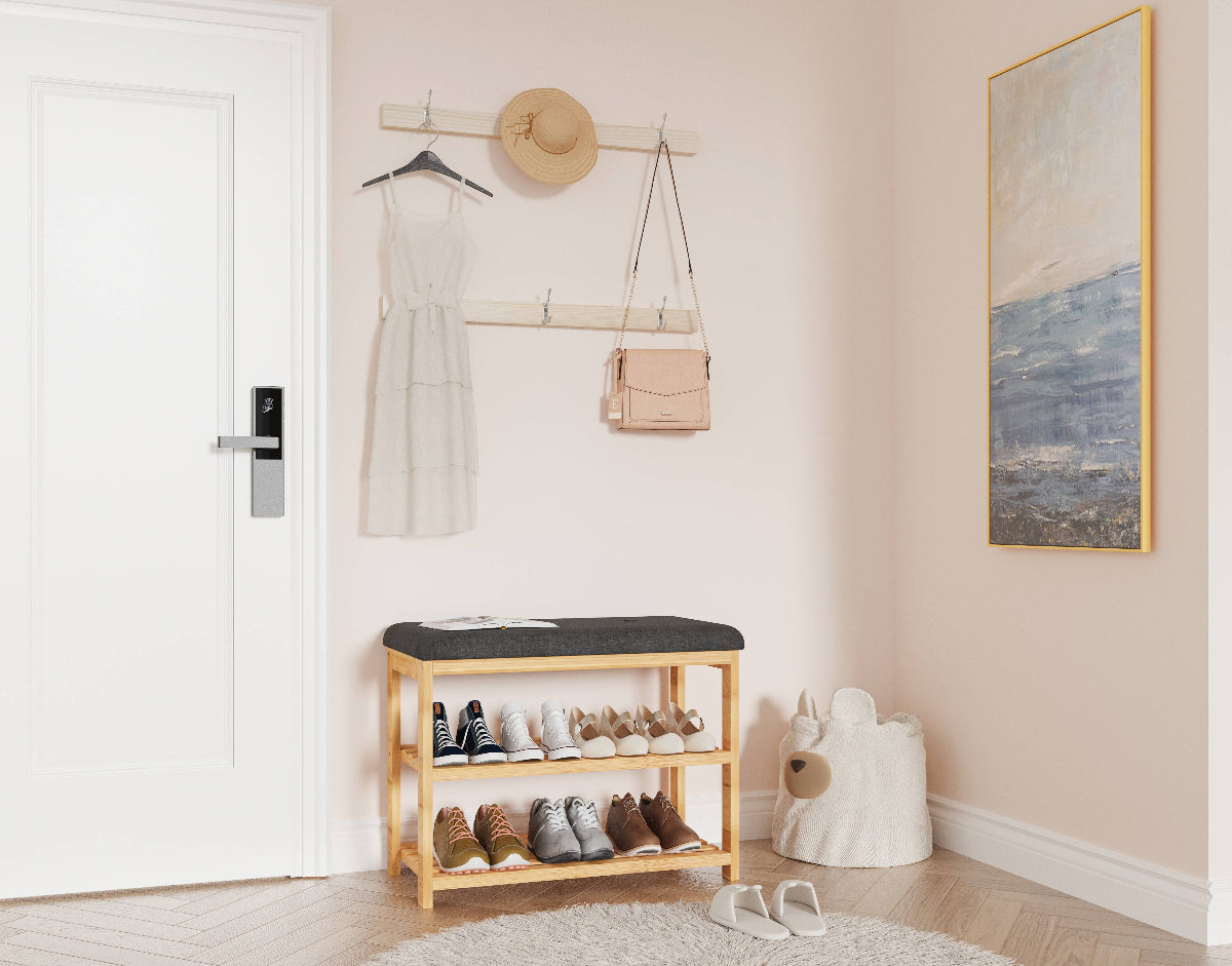 Shoe rack and hall seat made from bamboo, part of a larger collection of hallways furniture like coat racks and hat stands