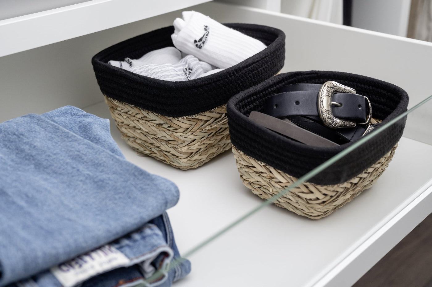 Woven storage baskets for wardrobe and home organisation