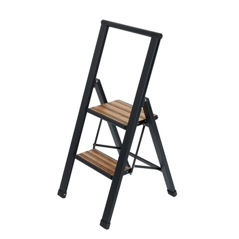 Alu Design 2 Step Aluminium Step Ladder Black & Bamboo
