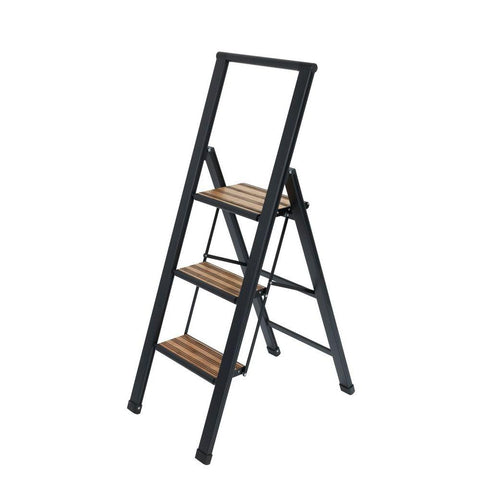 Alu Design 3 Step Aluminium Step Ladder Black & Bamboo