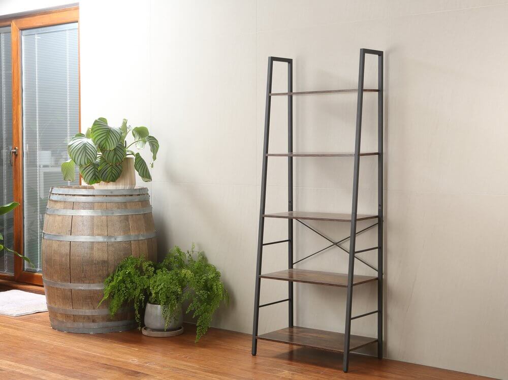 Rustic 5 Tier Shelf Unit Dark Wood &amp; Matte Black - HOME STORAGE - Shelves and Cabinets - Soko and Co