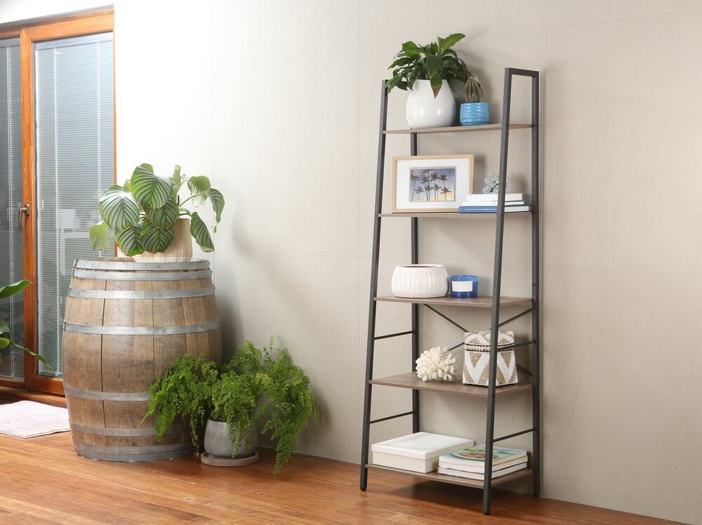 Rustic 5 Tier Shelf Unit Light Wood &amp; Matte Black - HOME STORAGE - Shelves and Cabinets - Soko and Co