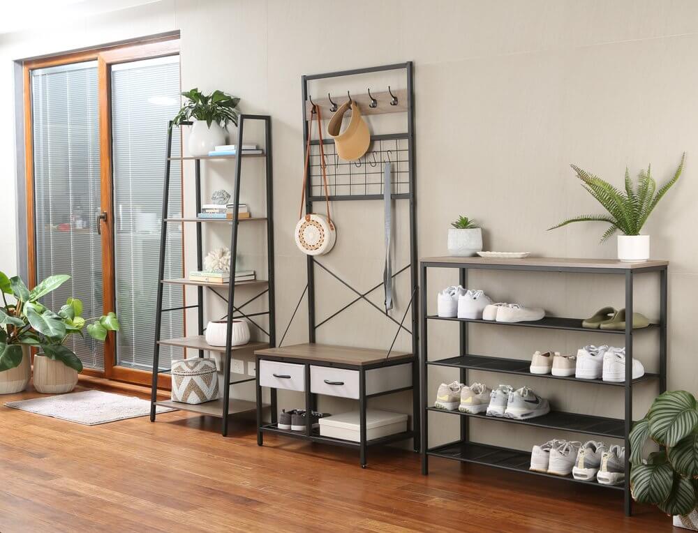 Rustic 5 Tier Shelf Unit Light Wood &amp; Matte Black - HOME STORAGE - Shelves and Cabinets - Soko and Co