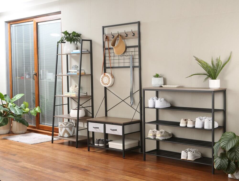 Rustic 5 Tier Shelf Unit Light Wood &amp; Matte Black - HOME STORAGE - Shelves and Cabinets - Soko and Co