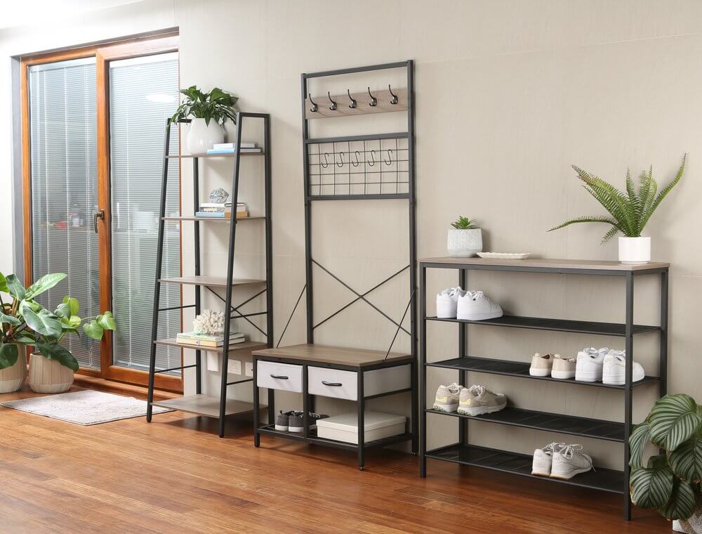 Rustic 5 Tier Shelf Unit Light Wood &amp; Matte Black - HOME STORAGE - Shelves and Cabinets - Soko and Co